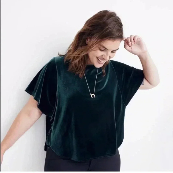 Madewell Size Small Velvet Butterfly Short Sleeves Slightly Cropped Boxy Green - Picture 1 of 10